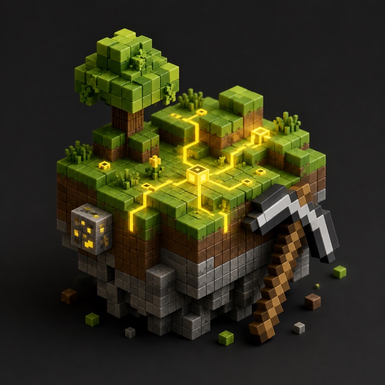 Кубический мир Minecraft со светящейся программируемой дорожкой